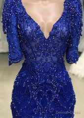 Royal blue Beaded Lace appliques 1/2 sleeve Mermaid Prom Party Gowns