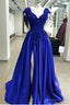 Royal Blue Cap sleeves V Neck High split A Line Prom Dresses