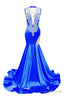 Royal Blue Deep V Neck Mermaid Satin Prom Dress Sparkly Beaded Pageant Crystals Prom Dresses