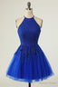 Royal Blue Homecoming Dress Halter Sleeveless Applique A Line Mini Prom Dresses