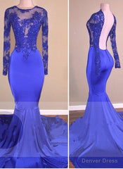 Royal-Blue Long-Sleeves Open-Back Mermaid Charming Sheer Prom Dresses