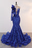 Royal Blue Mermaid One Sleeve Prom Dress Sequined Lace Jewel Ruffles Prom Dresses with Appliques