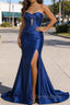 Royal Blue Mermaid Sweetheart Corset Long Prom Dresses with Slit