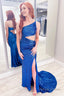 Royal Blue One Shoulder Sequins Prom Dresses with Slit