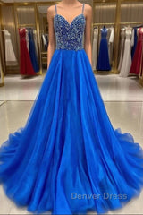 Royal Blue Prom Dresses A Line Spaghetti Straps Long Party Evening Dresses with Beading