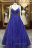 Royal Blue Prom Dress, A Line V Neck Spaghetti Straps Long Floor Length Tulle Prom Dresses With Appliqued Beading Glitter