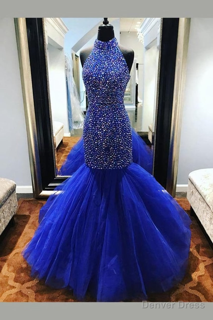 Royal Blue Rhinestones Prom Dress Mermaid Tulle Skirt,Celebrity Dresse
