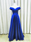 Royal Blue Satin A Line Simple Off Shoulder Prom Dress, Blue Bridesmaid Dresses