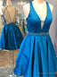 Royal Blue Satin Deep V Neck Backless Homecoming Dresses