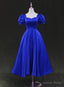 Royal Blue Satin Tea Length Wedding Prom Dress, Blue Prom Homecoming Dresses