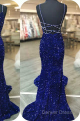 Royal Blue Sequin Beaded Mermaid Prom Dresses Spaghetti Straps