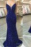 Royal Blue Sequin Beaded Mermaid Prom Dresses Spaghetti Straps
