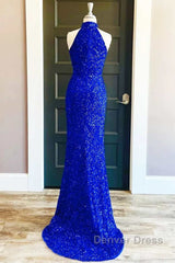 Royal Blue Sequin Halter Long Formal Dresses with Slit Prom Dresses
