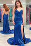 Royal Blue Sequins Backless Mermaid Prom Dresses with Slit