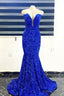 Royal Blue Sequins Strapless Mermaid Long Prom Dresses