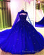 Royal Blue Tulle Ball Gown Prom Dresses With Cape