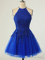 Royal Blue Tulle Halter Backless Appliques Homecoming Dresses