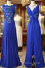 Royal Blue V Neck Chiffon Lace Long Prom Dresses, Evening Dresses