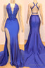 Royal Blue V Neck Open back Side Slit Mermaid Beads Lace Prom Dresses