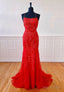 Red Lace Long Prom Dress, Mermaid Prom Dresses