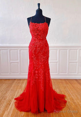 Red Lace Long Prom Dresses, Mermaid Evening Dresses