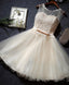 Cute Champagne A Line Lace Short Prom Dress, Homecoming Dresses