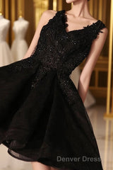 Black V Neck Lace Short Prom Dresses, Homecoming Dresses, Homecoming Dresses