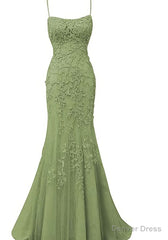 Sage Green Lace Appliques Dresses Long Prom Dress Mermaid Spaghetti Straps Evening Dress