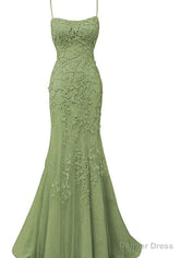 Sage Green Lace Appliques Long Prom Dress Mermaid Spaghetti Straps Evening Dresses