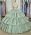 Sage Green Luxury Tiered Tulle Ruffles Beaded Ball Gown Quinceanera Dress