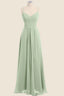 Sage Green Pleated Straps Long Bridesmaid Dresses
