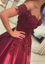 Satin Court Train A Line Sleeveless Off The Shoulder Prom Dresses With Appliqued