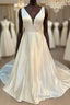 Satin Plunging Neck Bow Back A Line Long Wedding Dresses