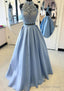 Satin Prom Dresses A Line High Neck Long Floor Length With Lace