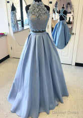 Satin Prom Dresses A-Line/Princess High-Neck Long/Floor-Length With Lace