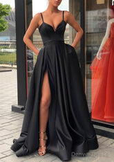 Satin Prom Dresses A-line/Princess Long/Floor-Length Sleeveless With Split Pockets