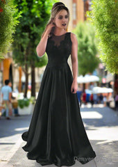 Satin Prom Dresses A-Line/Princess Scoop Neck Sweep Train With Appliqued