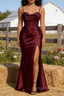 Satin Spaghetti Straps Burgundy Prom Dresses with Corset