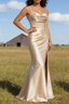 Satin Spaghetti Straps Champagne Prom Dresses with Corset