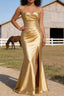 Satin Spaghetti Straps Gold Prom Dresses with Corset