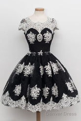 Scoop Black Homecoming Dress Knee-Length White Lace Cap Sleeves
