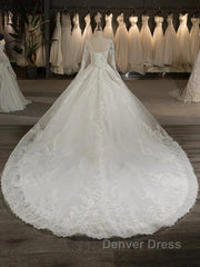Scoop Long Sleeves Tulle Applique With Beading Chapel Train Ball Gown Wedding Dresses