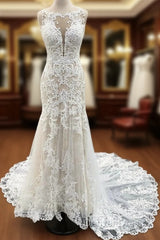 Scoop Neck Mermaid Wedding Dresses Lace Court Train