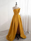Scoop Neckline Satin Yellow Long Prom Dresses, Yellow Prom with Beading Sequin