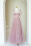 Scoop Neckline Tulle Pink Long Prom Dress, Cute A Line Prom Dresses