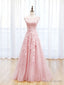 Scoop Neckline Tulle Pink Long Prom Dress, Pink Backless Prom Dresses