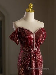 Simple Off Shoulder Sequin Burgundy Long Prom Dresses, Burgundy Long Evening Dresses