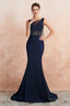See Through Tassel Mermaid Beaded Navy Blue Prom Dresses