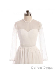 See Through Tulle Knee Length Sheer Round Long Sleeves Wedding Dress