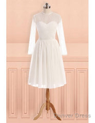 See Through Tulle Knee Length Sheer Round Long Sleeves Wedding Dress